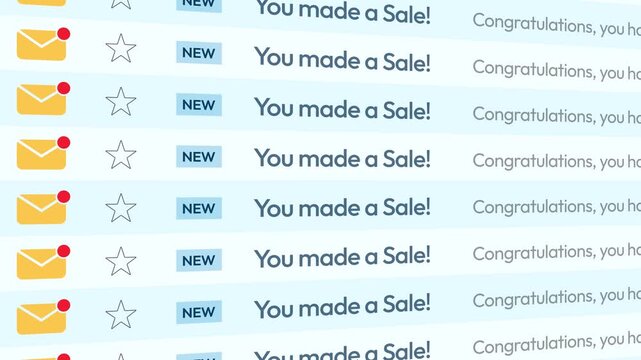 Sale notification email scrolling on the screen, 4k animation. Marketing, conversions, leads