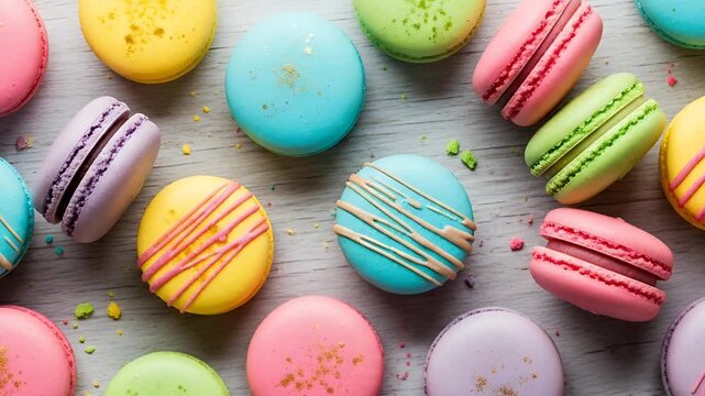 Colorful Macarons on a light surface.