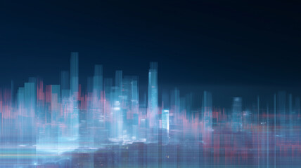 Futuristic cityscape with glowing skyscraper digital graph overlay economic risk financial exchange night blue and pink light modern urban skyline abstract technology