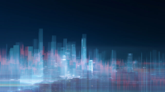 Futuristic cityscape with glowing skyscraper digital graph overlay economic risk financial exchange night blue and pink light modern urban skyline abstract technology