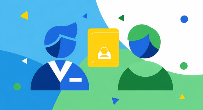 Vibrant digital illustration showcasing two stylized individuals engaged in professional communication, highlighted by a central contact book icon, symbolizing strong networking, client relations