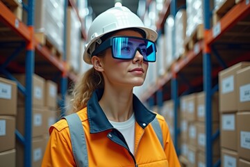 Photoshoot Concept: Capturing a Female Warehouse Supervisor Utilizing Augmented Reality Glasses for Inventory Management