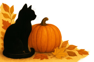 Black cat silhouette with pumpkin and autumn leaves on soft beige backdrop, perfect for fall and Halloween themes, transparent or white background with copy space