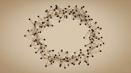 Geometric circular network of connected nodes and lines in sepia tone, symbolizing connection, structure, and balance in minimal abstract design