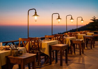 A beautifully arranged romantic dinner table overlooking the sea at sunset, featuring warm light, elegant tableware, and a peaceful seaside atmosphere. Perfect for themes of romance, luxury dining, an