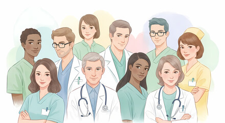Obraz premium A diverse team of dedicated healthcare professionals, including doctors and nurses, standing united with a friendly demeanor, symbolizing compassionate patient care and a supportive medical community