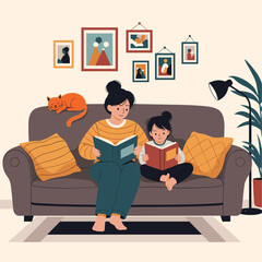 A mother and daughter enjoy a quiet afternoon reading together on the couch.