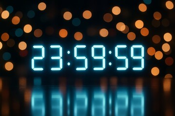 Close-up of digital clock showing 23:59:59, representing the countdown to midnight with glowing blue digits.