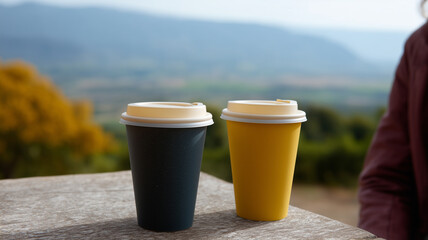 Obraz premium Reusable coffee cups on wooden table outdoors mountain landscape in background eco friendly lifestyle travel sustainable colorful cups relaxed atmosphere morning light