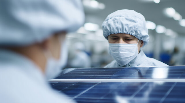Workers assembling solar panels in clean production facility, wearing protective clothing and face masks, focused and precise, promoting renewable energy and sustainability