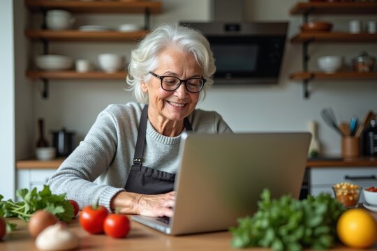 Elderly Man Embracing Technology: Virtual Cooking Class with Renowned Chef to Create Delicious Meals