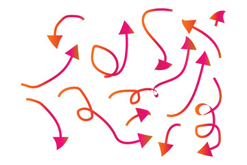 A vibrant collection of hand drawn arrows in various shapes and sizes featuring a gradient of pink and orange hues conveying direction and movement & Illustration