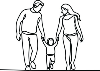 Happy family in continuous line art drawing style. Front view of parents with their little kid holding hands and walking together black linear sketch isolated on white background.