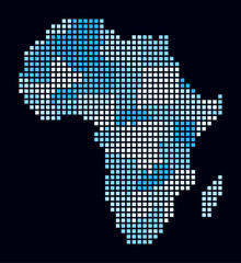 Africa dotted map. Digital style map of the continent on dark background. Africa shape with square dots. Colored dots style. Large size squares. Stylish vector illustration.