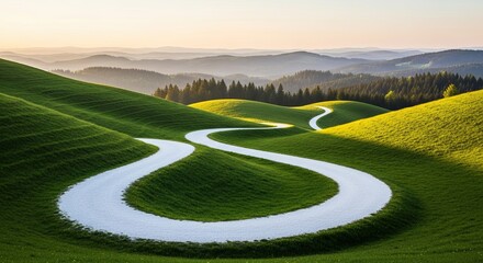 Naklejka premium Winding Country Path Through Rolling Green Hills at Sunrise