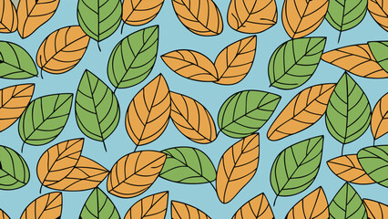 Fototapeta premium Green and orange leaves pattern on blue background seamless