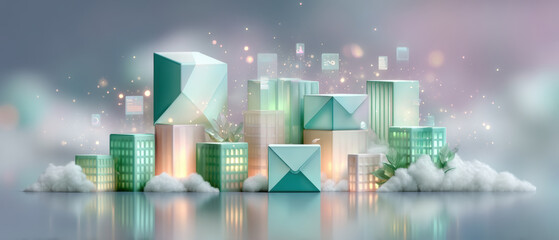 Modern workstation pastel city of envelopes and cloud servers with soft light and gentle glow conveying efficient connected communication