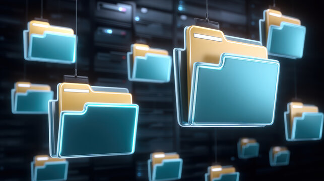 Modern workstation with glowing file folder icons floating in dark server room creating futuristic organized data visualization