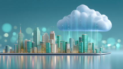 Obraz premium Modern workstation cloud connected city skyline with glowing smart buildings and data streams creating futuristic urban technology atmosphere