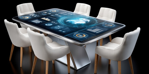 Modern workstation conference table with interactive touchscreen display showing globe data analytics and sleek white chairs creating