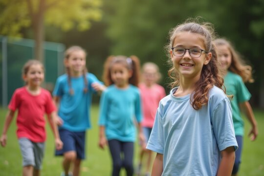 Physical Education Teacher Guides Elementary Students in Outdoor Fitness Activities to Encourage Health and Wellness in School.