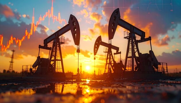 Oil and Finance Sunset - Dramatic sky with a setting sun illuminating oil rigs and a stock market chart - Powered by Adobe