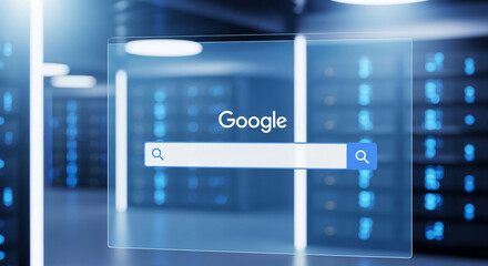 Futuristic Holographic Google Search Interface in a High-Tech Data Center Environment