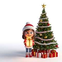 Cartoon Girl Holding Glowing Gift near Christmas Tree in Festive Setting