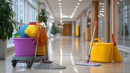 Office hallway with cleaning cart loaded with mop broom and supplies
