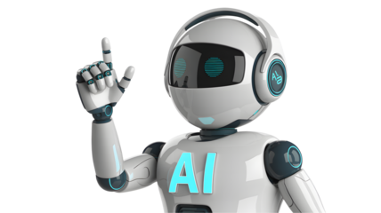 Futuristic AI Robot with Raised Finger Suggests Innovative Tech Solutions, Pointing Towards Future Trends and Cutting Edge Technology, Innovation and Artificial Intelligence