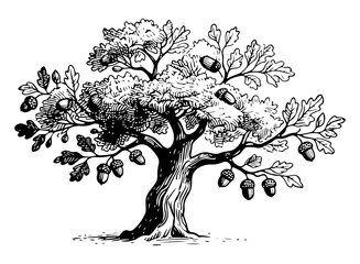 Vintage oak tree vector engraving style illustration