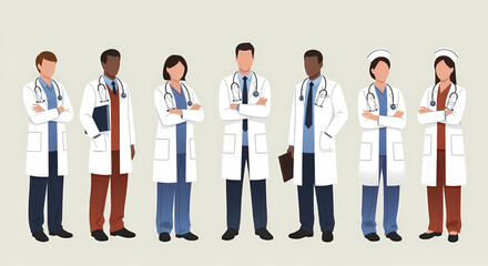 A diverse and professional team of dedicated healthcare workers, including doctors and nurses, standing together, symbolizing unity, essential service, and collaborative medical care