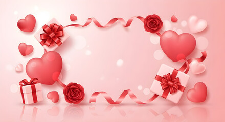 Pink Valentine’s Day background with 3D hearts, flowers, and gift boxes, romantic festive composition for greeting card or social media banner, love celebration concept in pastel red and pink tones