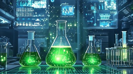The modern laboratory features vibrant green liquids in glass flasks, arranged with stateoftheart technology for conducting experiments that expand human knowledge in various scientific fields - Powered by Adobe