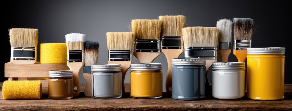 Artistic display of various paintbrushes and colorful jars of paint arranged on a wooden surface against a dark background