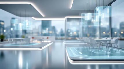 Obraz premium Modern workstation in futuristic office with glass walls sleek lighting and collaborative table creating calm productive atmosphere