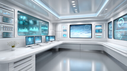 Modern workstation with sleek white console and multiple holographic displays creating futuristic clean control room atmosphere full of cool blue