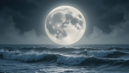 Full moon rising over dark ocean waves at night, calm sea illuminated by moonlight, peaceful nature landscape with blue tone sky, dreamy night scene perfect for fantasy, travel, or relaxation themes