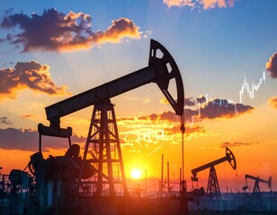 Oil and Finance Sunset - Dramatic sky with a setting sun illuminating oil rigs and a stock market chart