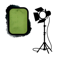 A green screen and a studio light stand with a fresnel light in a dark studio setting image
