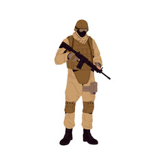 Soldier in helmet holds assault rifle. Combat man in military uniform with gun. Sharpshooter, shooter of army with firearm weapon. Armed forces. Flat isolated vector illustration on white background.