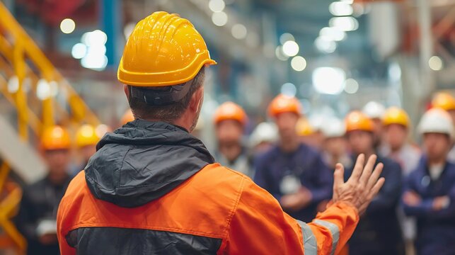 Industrial worker in hard hat leading safety talk for team in factory