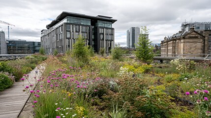 Medium shot capturing rooftop garden on urban building illustrating integration of green roofs for improved insulation and biodiversity support.