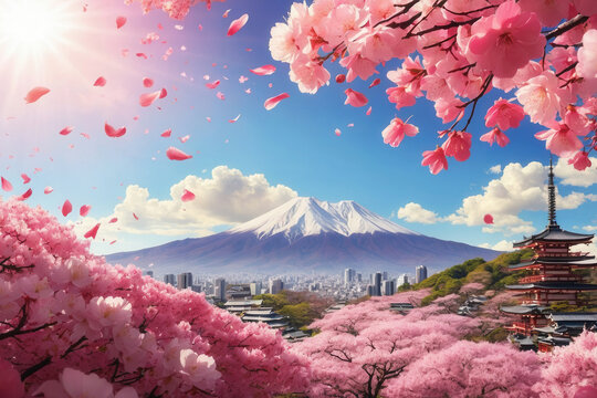 Postcard Japan background copy space mountain, cherry blossom, architecture and nature AI Generative - Powered by Adobe