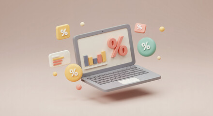 A modern Laptop with sale data and floating percentage icons, a 3D graphic for Cyber Monday marketing and financial reports.