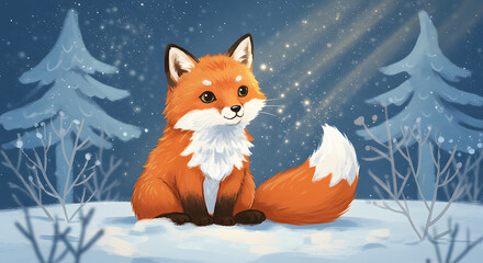 Fototapeta premium A charming illustration of a cute fox in a snowy forest with glowing lights, perfect for children's books and holiday greeting cards.