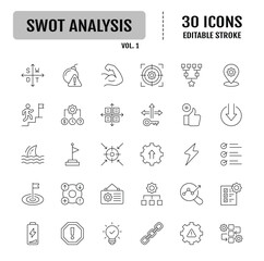 SWOT Analysis Line Editable Icons set.  Containing icons as strengths, weakness, opportunities, and threads. Vector illustration