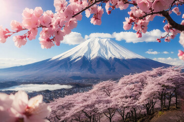 Postcard Japan background copy space mountain, cherry blossom, architecture and nature AI Generative
