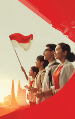 Indonesian Youth Celebrating with Flag and Cityscape
