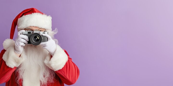 Santa claus taking photos with a camera in festive setting